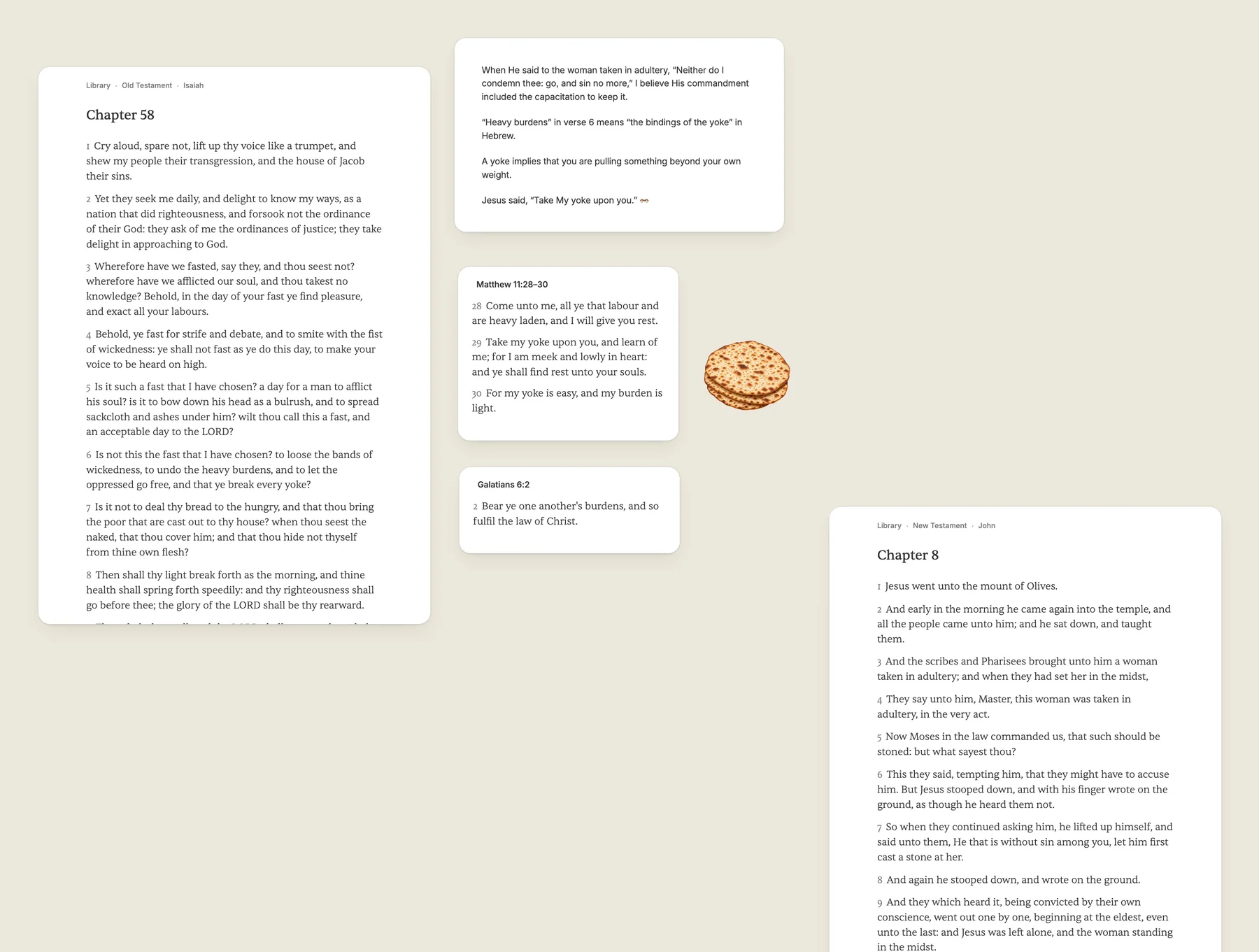 Rachel's board: Isaiah 58 and John 8 open, with her notes on yokes and burdens, Matthew 11:28–30, Galatians 6:2 and a picture of bread between them